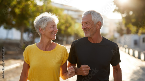 Inspiring Elderly Fitness Couple Post Run Triumph Sunlight