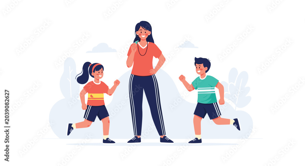 Fototapeta premium Friendly female sports coach holding a whistle while encouraging two active children to run during a gym class or outdoor track practice.