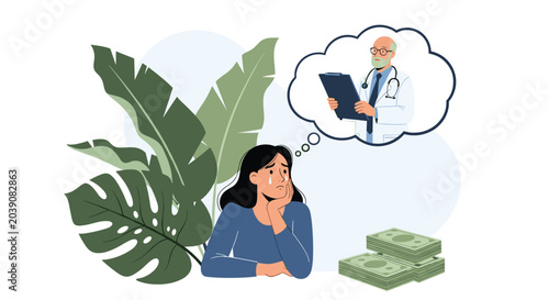Distressed woman cries over high medical costs while thinking about visiting a doctor, highlighting financial healthcare stress.