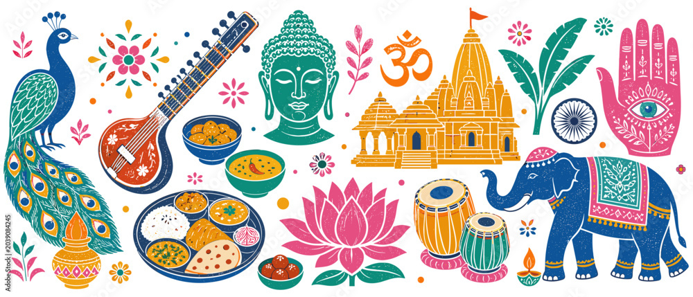 Obraz premium Vibrant Indian cultural symbols and motifs in a festive artistic collage
