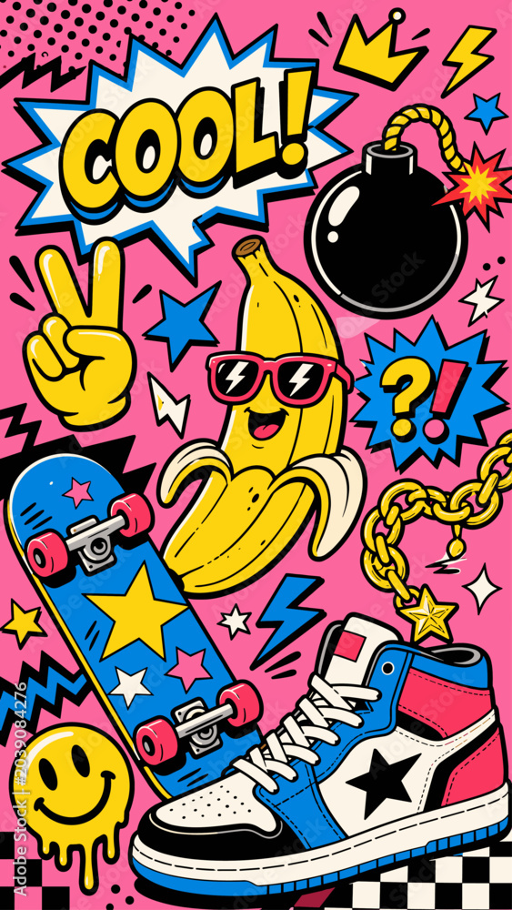 Fototapeta premium Retro 90s style illustration with a cool banana, skateboard, and sneakers