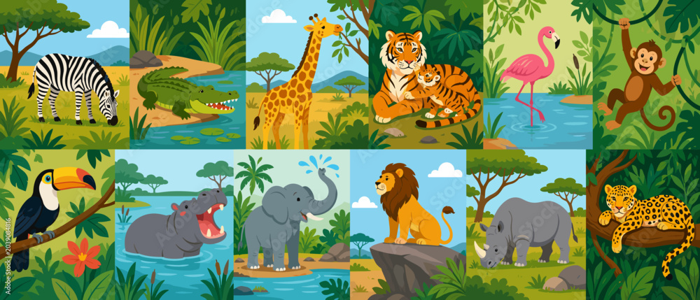 Obraz premium Collection of diverse African animals in their natural habitat illustrations