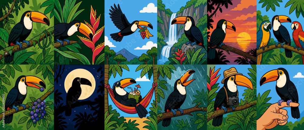 Fototapeta premium Vibrant toucans in diverse tropical jungle scenes and activities