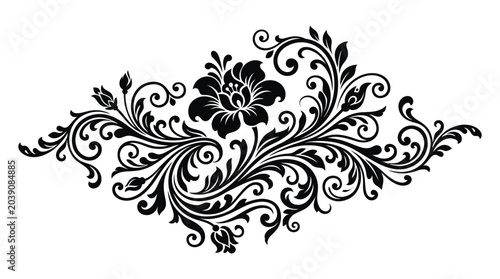 Foto Black floral ornament with swirling leaves on a white background
