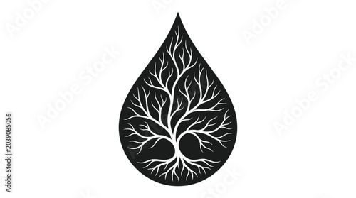Tree of life within a teardrop shape black and white silhouette
