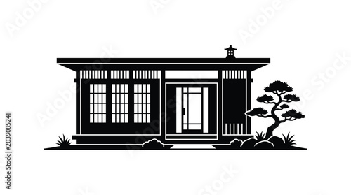 Foto Black Silhouette Of Traditional Japanese House With Bonsai Tree