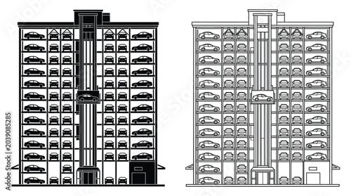 Bild auf Leinwand Multi story Parking Garage Outline Black And White Vector Illustration