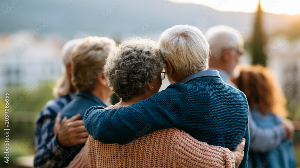 Naklejka premium Faceless senior friends laughing and bonding outdoors in garden, Barcelona scenic location, friendship connection, mature companionship, outdoor leisure, joyful gathering, with