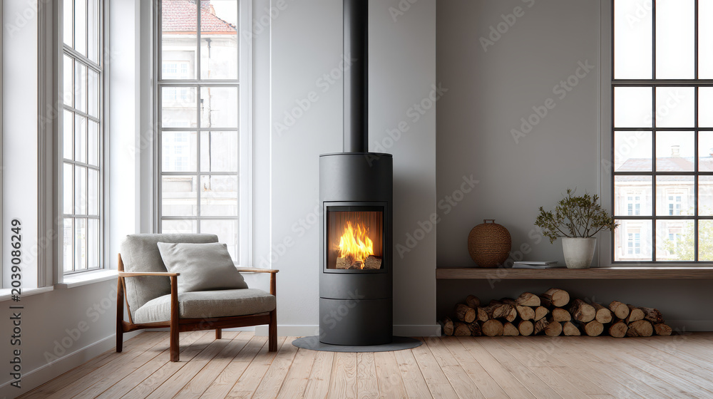 Naklejka premium Cozy Scandinavian Living Space Cylindrical Fireplace Decor