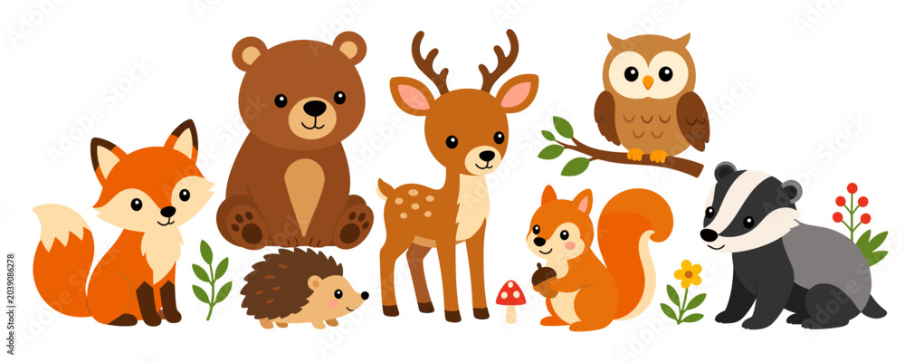 Obraz premium Cute cartoon forest animals collection with fox, bear, deer, owl, squirrel, badger, and hedgehog