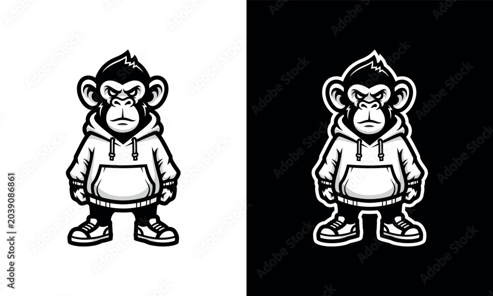 Fototapeta premium Gorilla wearing a hoodie vector illustration with black and white variations