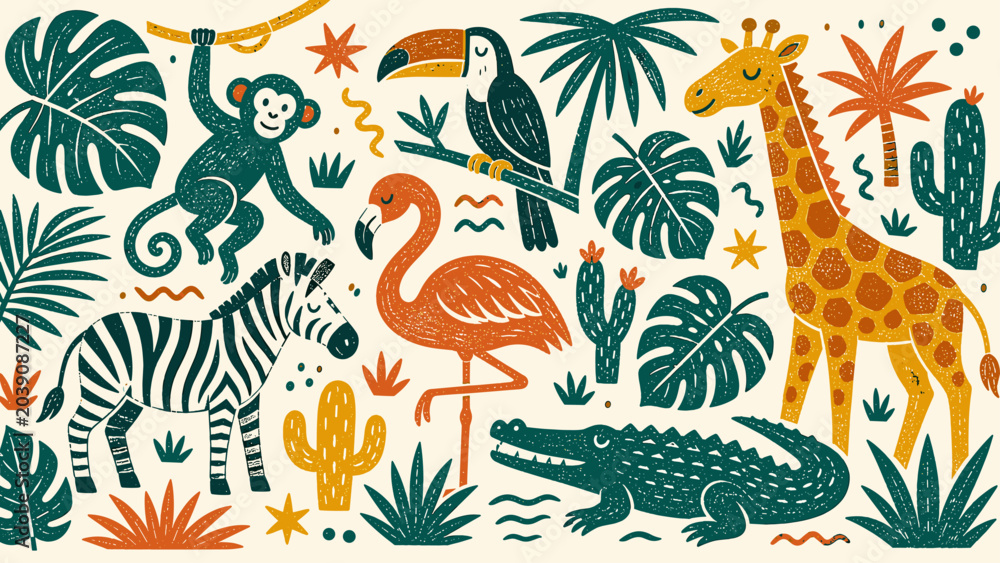 Obraz premium Whimsical jungle animals and tropical plants in a playful, textured illustration style