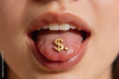 woman's face, $ inscription on tongue
