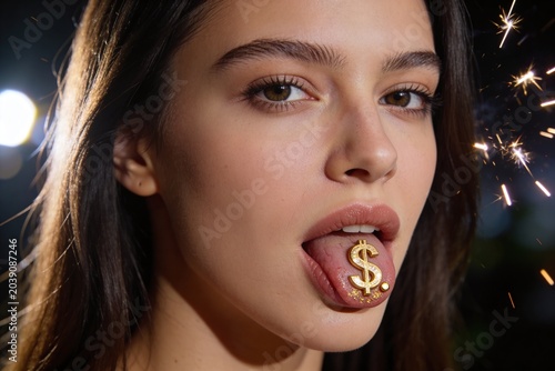 woman's face, $ inscription on tongue