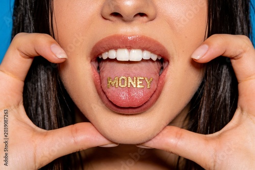 woman's face, MONEY inscription on tongue