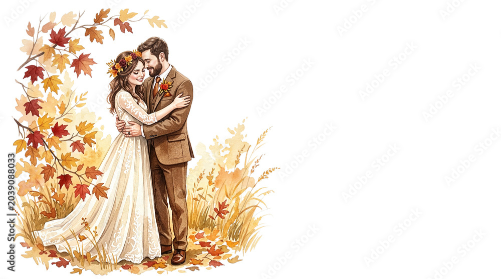 Obraz premium Newlywed couple embracing in autumn landscape with colorful leaves