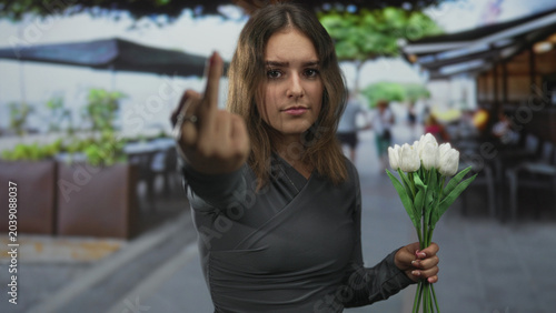 Φωτογραφία Young hispanic woman showing middle finger to camera while holding bouquet of white tulips on a restaurant terrace by the street; defiance