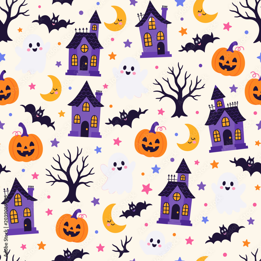 Fototapeta premium Cute Halloween pattern with ghosts, pumpkins, haunted houses, and bats