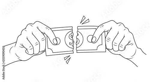 Line art illustration of two hands tearing a US dollar bill in half symbolizing financial loss or economic crisis.