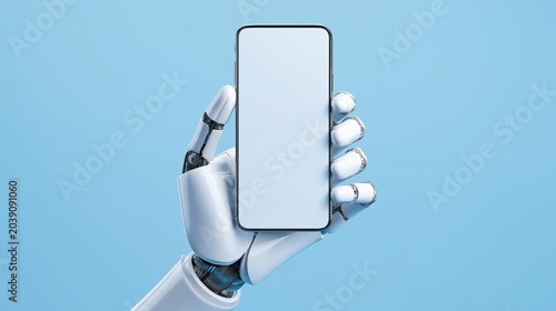 AI Growth AGI Agentic Autonomy and Future Technology with Humanoid Robot Holding a Cell phone