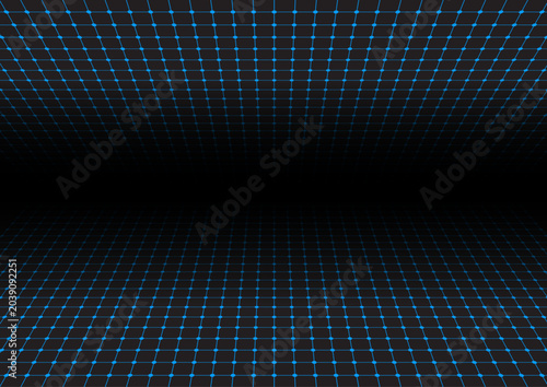 Картината върху платно Black Dark Abstract Background with Blue Neon Grid Lines Perspective Floor and W