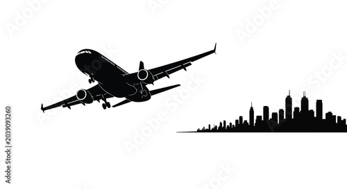 Photos Airplane takeoff over city skyline minimalist vector illustration