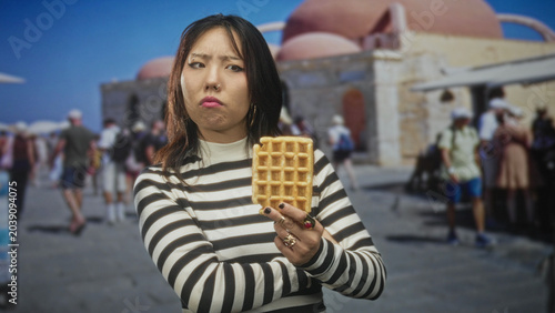 Konstfotografi Woman in black and white striped top holding a waffle, pouting lips and crossed arms, looking sideways amid a crowded tourist street with domed building; disappointment