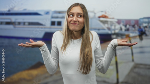 Foto Woman shrugging with open palms and tilted head at a marina pier, smiling toward camera; playful uncertainty