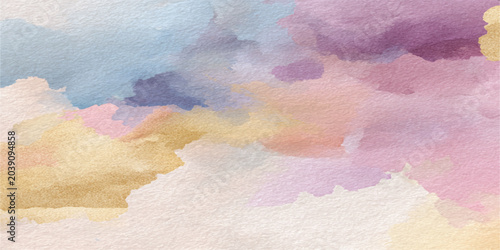 Foto A dreamy watercolor painting depicts soft, pastel clouds in a blend of ethereal blues, purples, pinks, and yellows, creating a serene and whimsical atmosphere