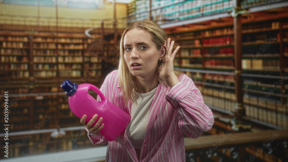 Fototapeta premium Woman holding pink detergent bottle cupping her ear inside a building library among shelves and books, studying the product label; disgust.