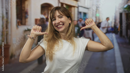 Foto Woman smiling with thumbs pointing to chest on narrow street with blurred pedestrians and buildings behind her; playful confidence