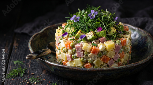 Gourmet Olivier salad, a traditional Russian potato salad with diced vegetables, ham, and fresh herbs, served in a decorative bowl with edible flowers and avocado, dark moody background