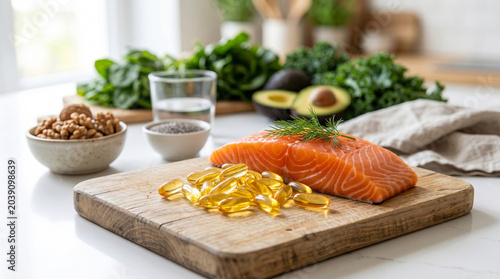 Omega-3 fish oil capsules with fresh salmon fillet, walnuts, avocado and greens on a wooden cutting board, healthy food supplements, balanced nutrition and wellness concept, high-angle view