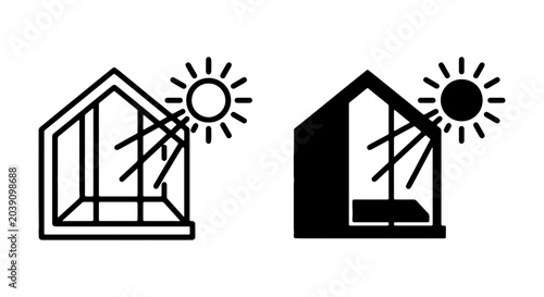 Foto Sunlight Through Greenhouse Icons, Solar Heat Gain Vector Set, Eco-Friendly Buil