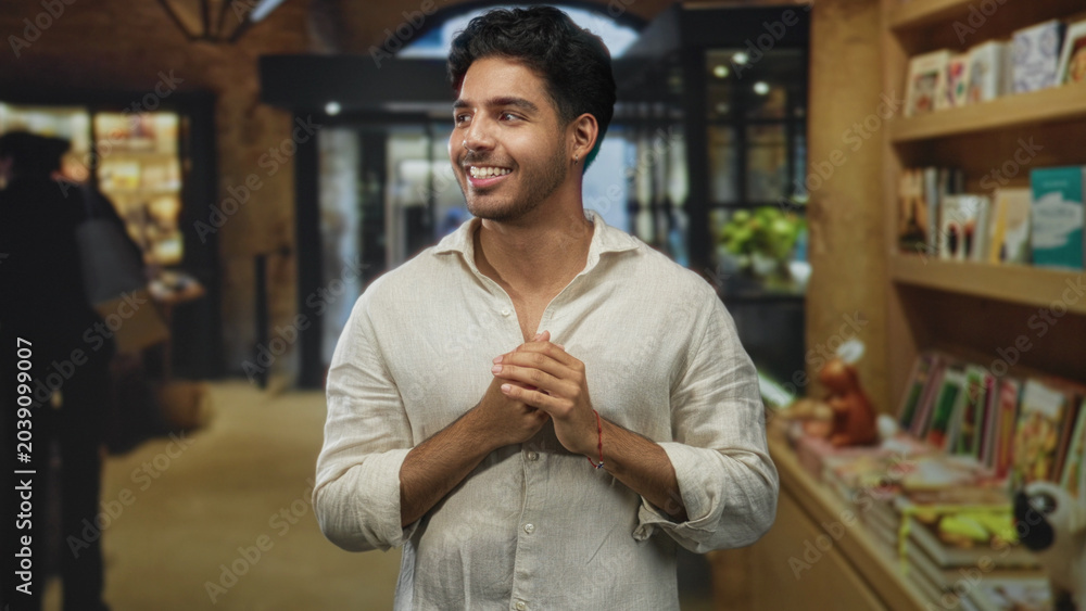 Obraz premium Man in linen shirt stands with hands behind back beside bookstore shelves inside a building; quiet contemplation.