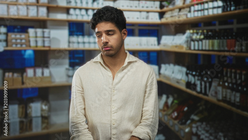 Photography Man pouting with visible face and light stubble, wearing beige linen shirt, standing before wine bottles on wooden shelves in a building; quiet sadness