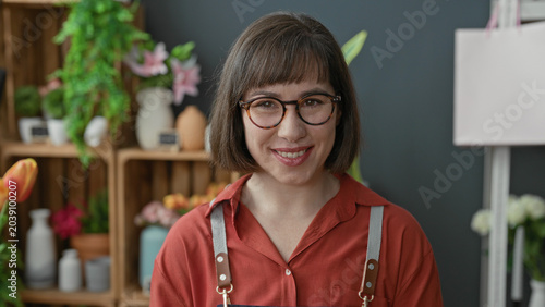 Tableau sur toile Woman florist smiling at camera wearing apron and glasses among vases and plants in a studio; welcoming warmth