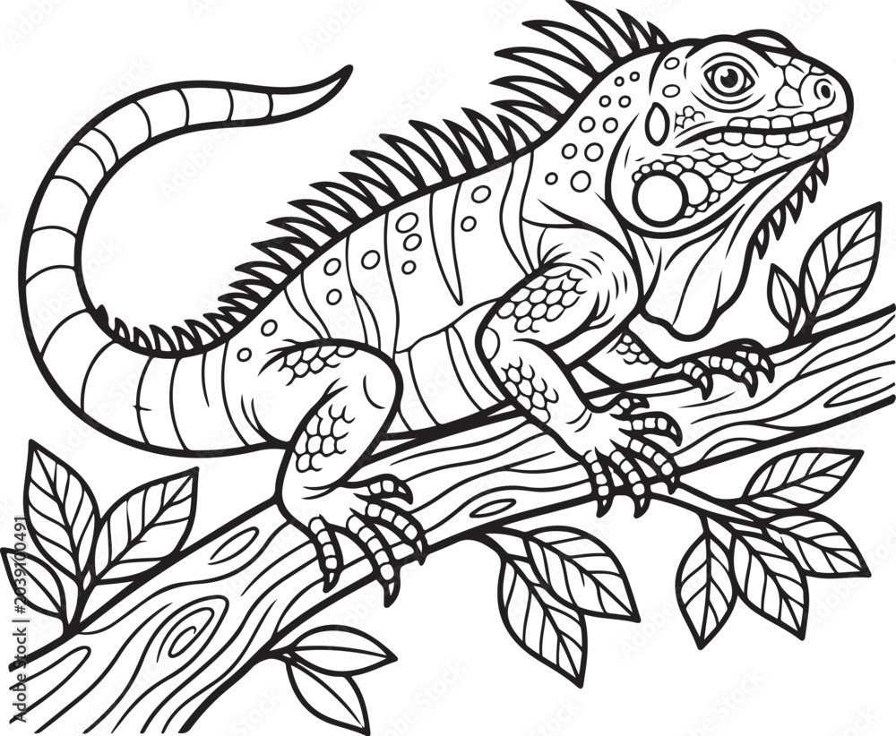 Obraz premium Iguana coloring page, lizard line art, reptile vector illustration, children educational activity, printable animal drawing, black white outline, kids coloring book, simple reptile sketch, tropical