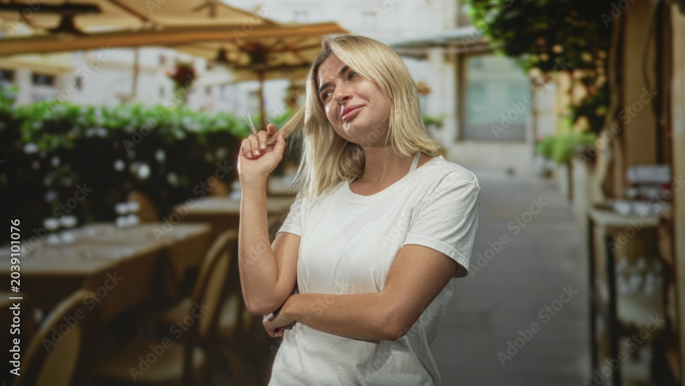 Fototapeta premium Woman twirls blonde hair with fingers in street cafe, arms crossed and smirking; playful confidence.
