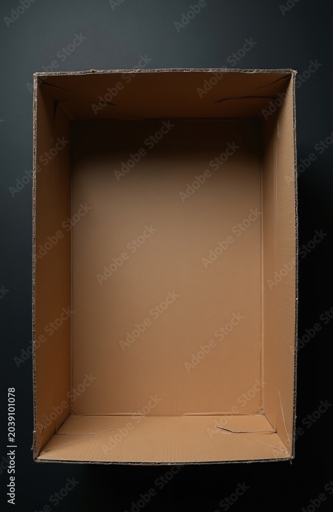 Fototapeta premium Empty open cardboard box on dark background. Brown corrugated container ready for storage, moving or shipping needs. Simple product packaging concept.