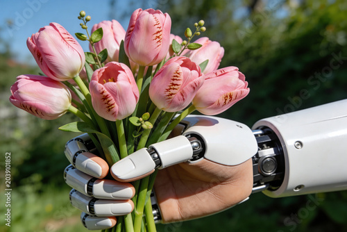 Humanoid robot hand holding a bouquet of flowers, concept of AI love, virtual Valentine's day, futuristic romance.