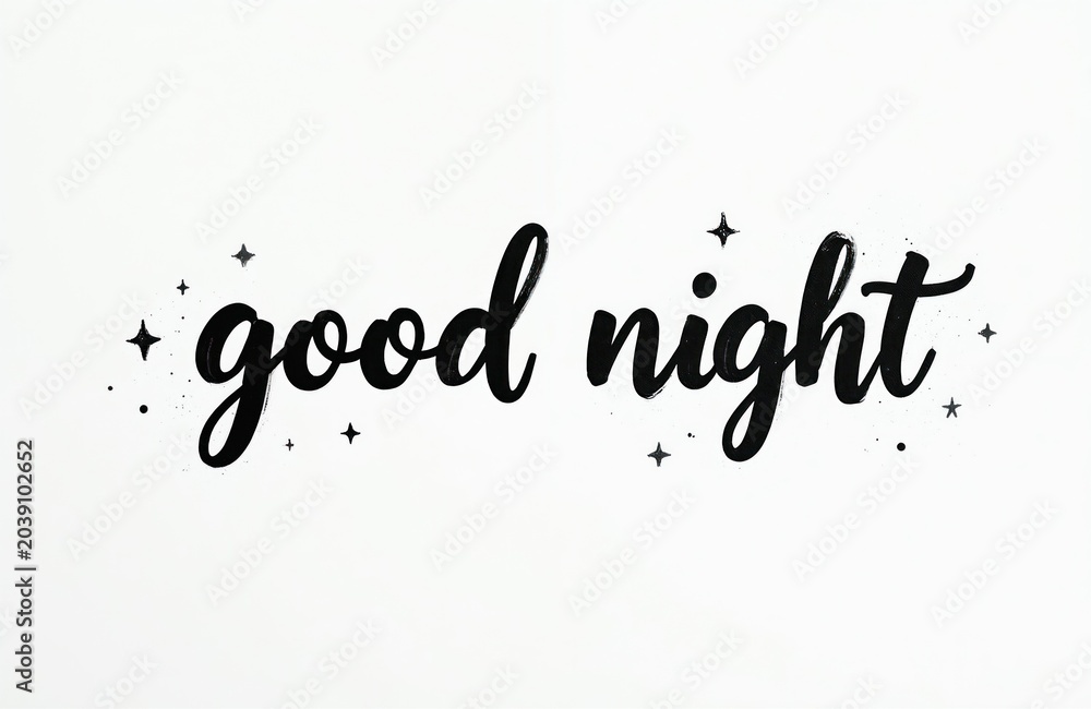 Fototapeta premium Black cursive text good night with stars on white background. Simple minimal design conveys sleep wishes and dreams for loved ones. Text graphic for greeting cards.