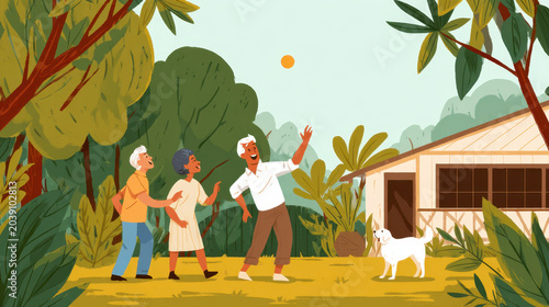 Happy Elderly Family Playing Catch Backyard Joyful Faces