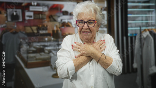 Photos Elderly woman in white shirt gives thumbs up and briefly clasps hands over chest, wearing colorful glasses and rings among apparel racks in a store building; joy warmth