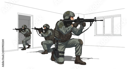 Bild auf Leinwand Soldiers in tactical gear aiming rifles.
