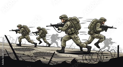 Bild auf Leinwand Soldiers in combat gear advancing forward.