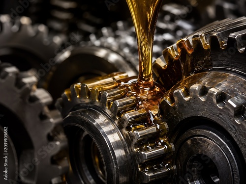Lubrication of industrial gears oil pouring onto precision metal components