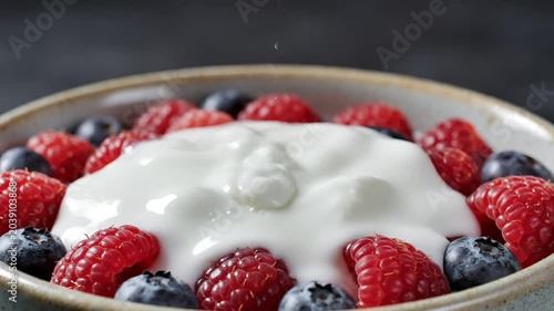 Creamy Yogurt Being Poured Over Fresh Berries in a Bowl.