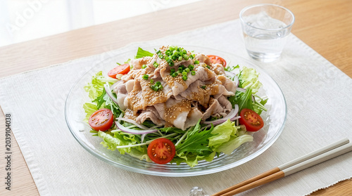 食卓に並ぶ冷しゃぶサラダと水、箸。ヘルシーで美味しそうな和食