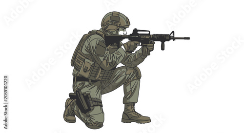 Foto Soldier in combat gear aiming rifle.